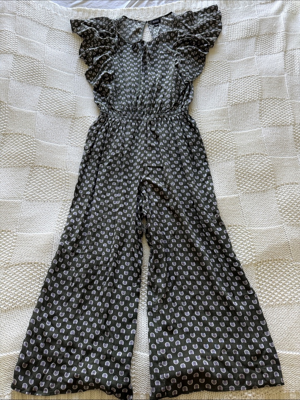 a.n.a Olive green Printed Ruffle-Sleeve Wide-Leg Jumpsuit